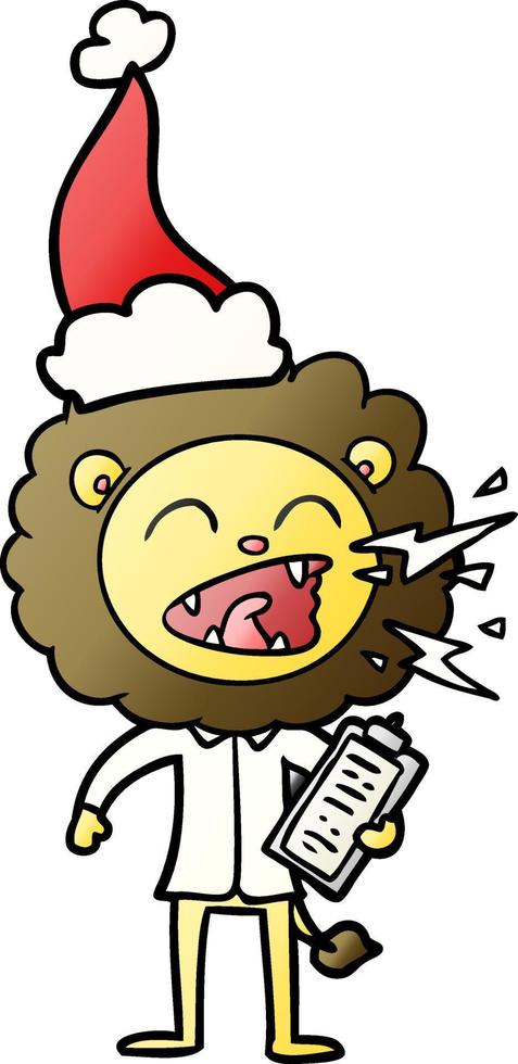 gradient cartoon of a roaring lion doctor wearing santa hat vector