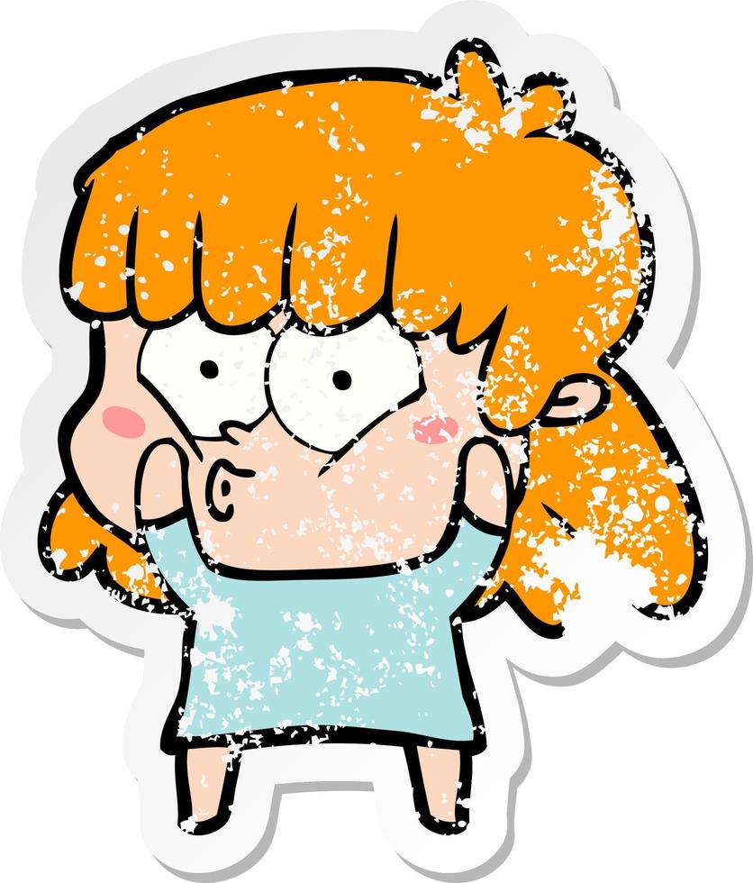 distressed sticker of a cartoon surprised girl vector