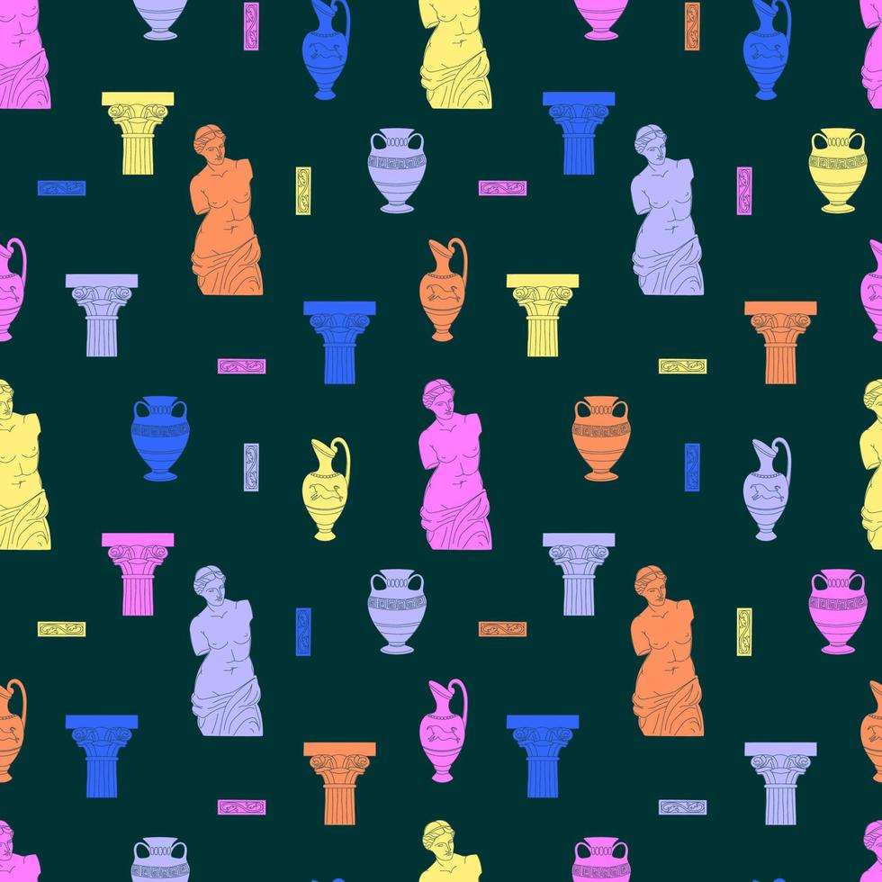 Seamless vintage pattern with antique statues on a pink background. vector