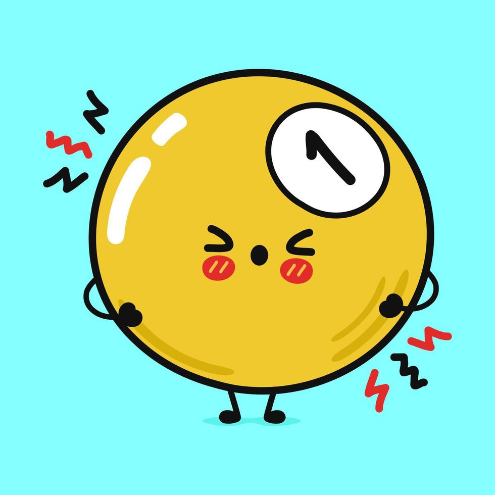 lindo personaje de billar amarillo enojado. icono de ilustración de personaje kawaii de dibujos animados dibujados a mano vectorial. aislado sobre fondo azul. concepto de personaje de billar amarillo triste vector