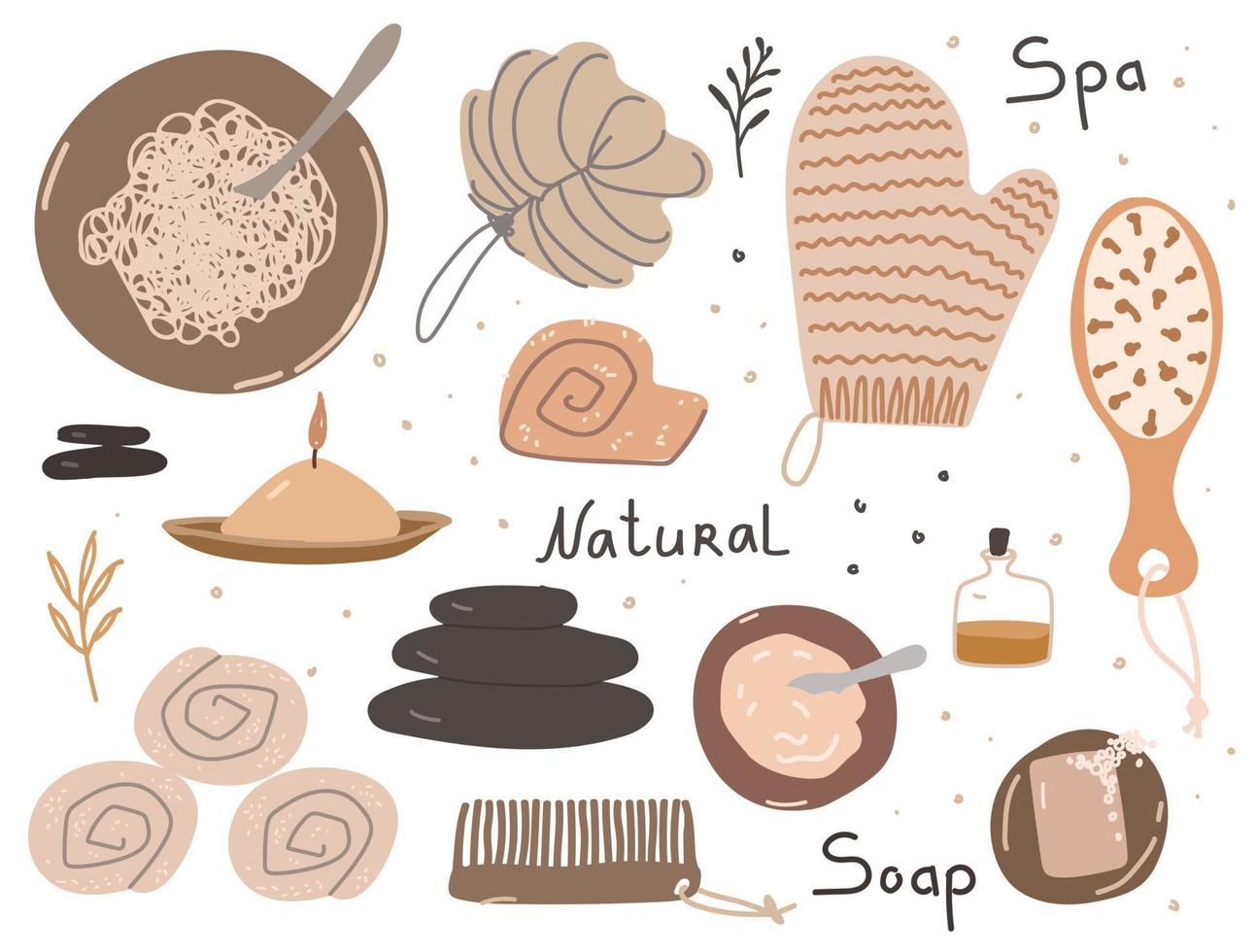 despedida de soltera en el spa. un conjunto de elementos para un spa doméstico, máscaras faciales, té, velas aromáticas, un baño de pies, un paño de masaje, cuidado facial de la piel. ilustración vectorial en el garabato vector