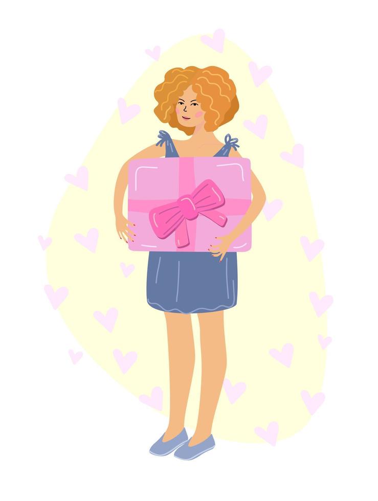 Girl with a gift for shopping lifestyle design. Modern art isolated vector graphic.