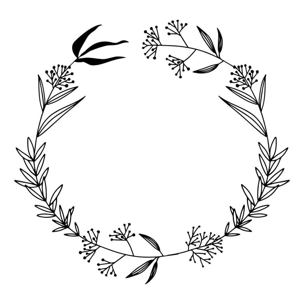 Hand drawn round vector frame with flowers and leaves.