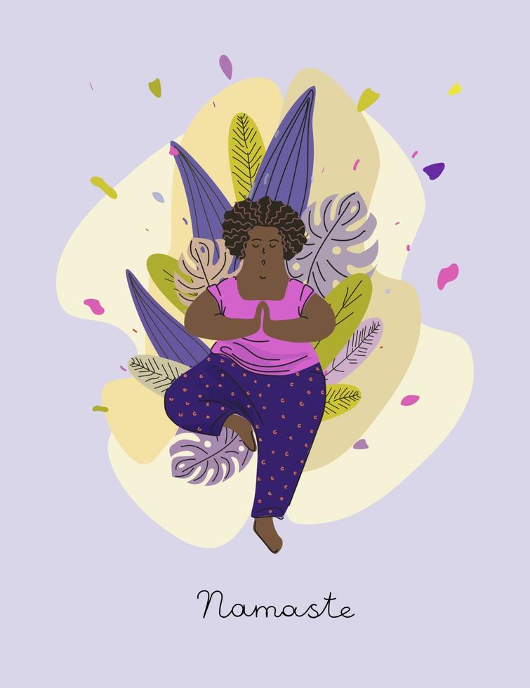 mujeres afroamericanas positivas para el cuerpo que practican yoga en la naturaleza. ilustración vectorial vector