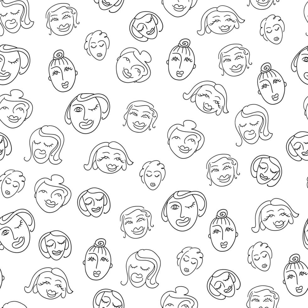 Seamless pattern with cute women's faces in doodle style. Vector illustration.