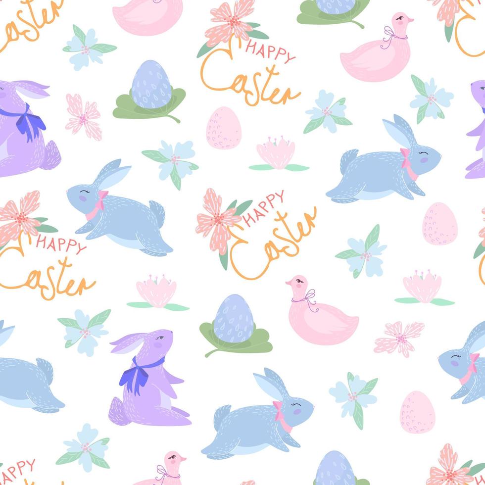 Seamless pattern with different Easter eggs and rabbit. vector