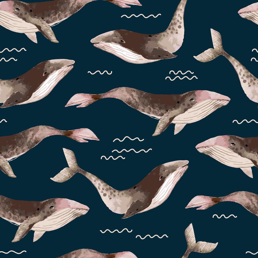 patrón de acuarela de vector transparente con ballenas.