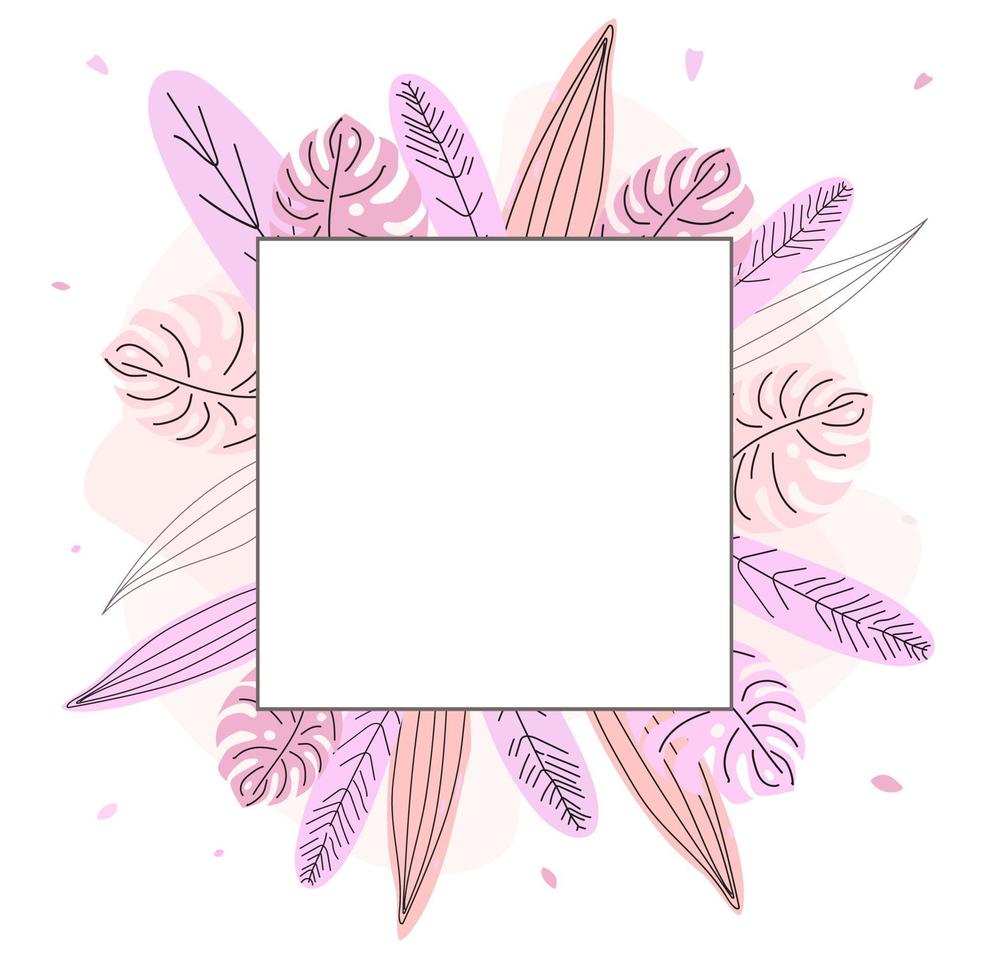 A square floral-tropical  pink frame for social networks in the style of a doodle. vector