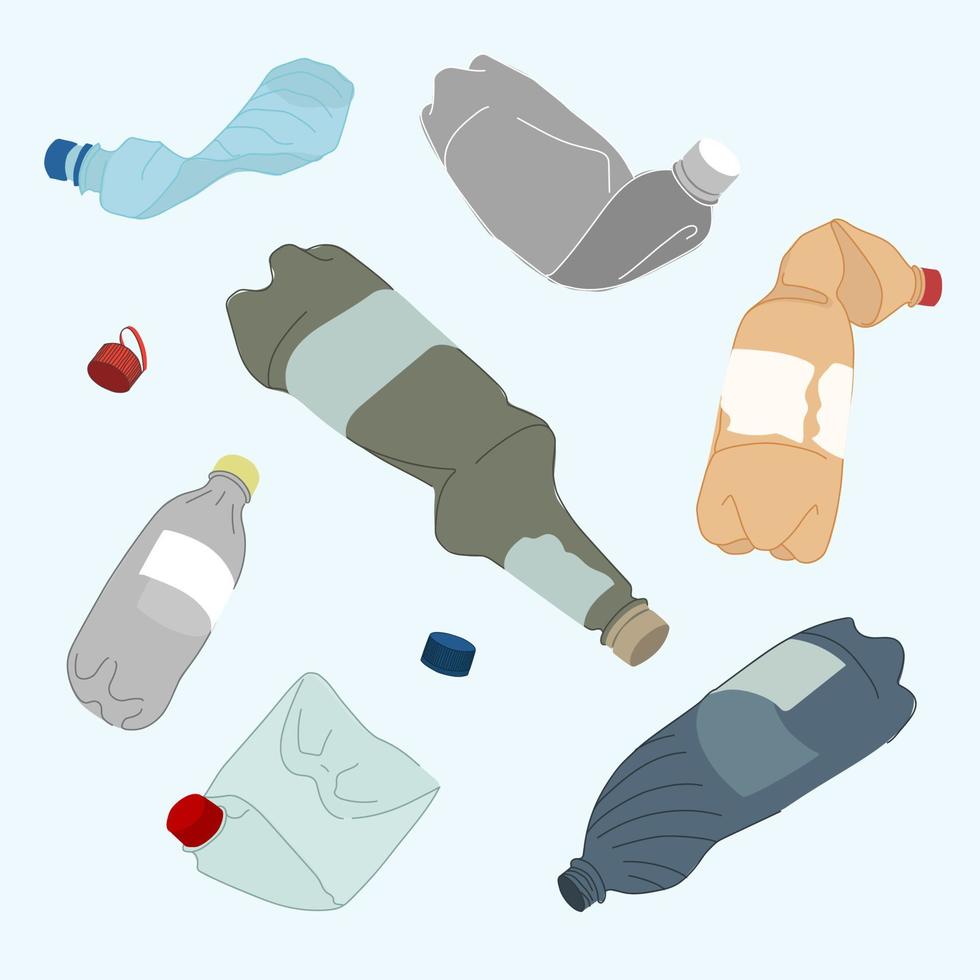 conjunto de botellas de plástico arrugadas ilustración vectorial. el concepto de salvar el planeta y recolectar desechos plásticos para reciclar. vector