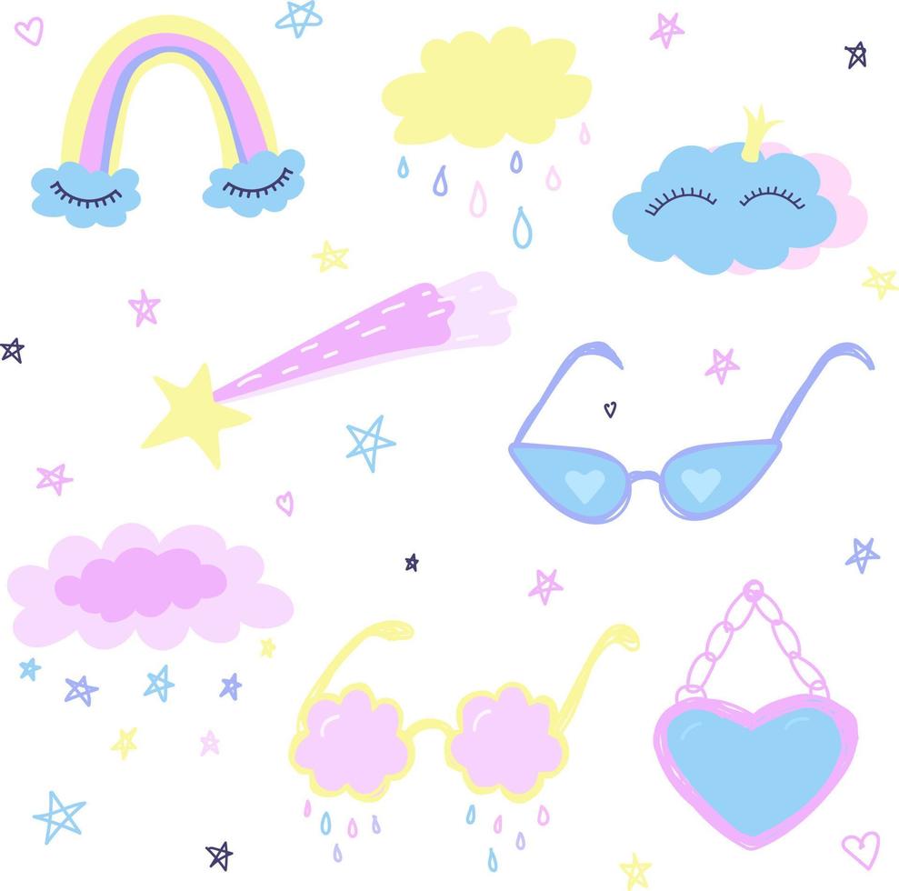 Set of cute fantasy doodle style elements. vector