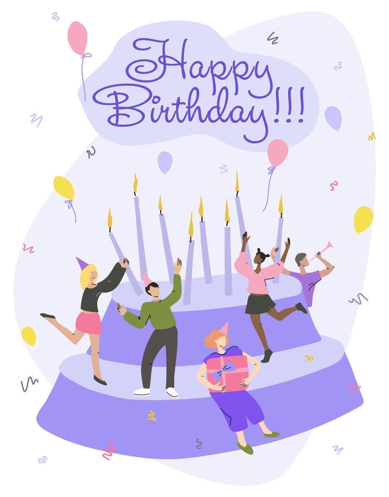 Happy birthday greeting card. Cartoon cake with candles for paper design. vector