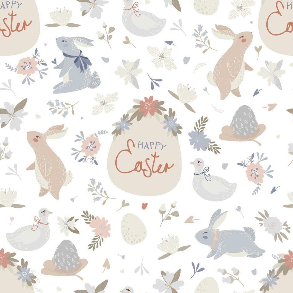 Seamless pattern with different Easter eggs and rabbit. vector
