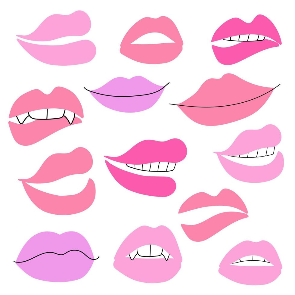 Vector set of smiles and lips drawn in doodle style.