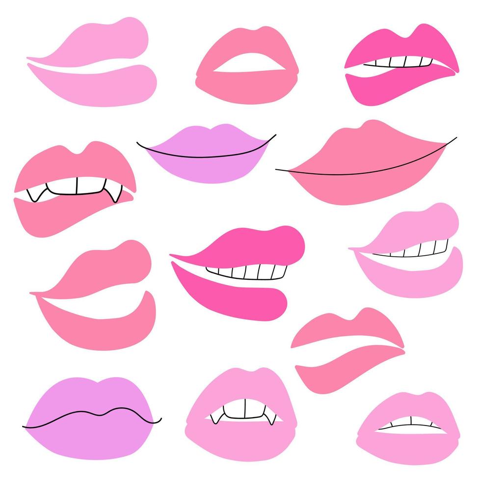 conjunto vectorial de sonrisas y labios dibujados en estilo garabato. vector