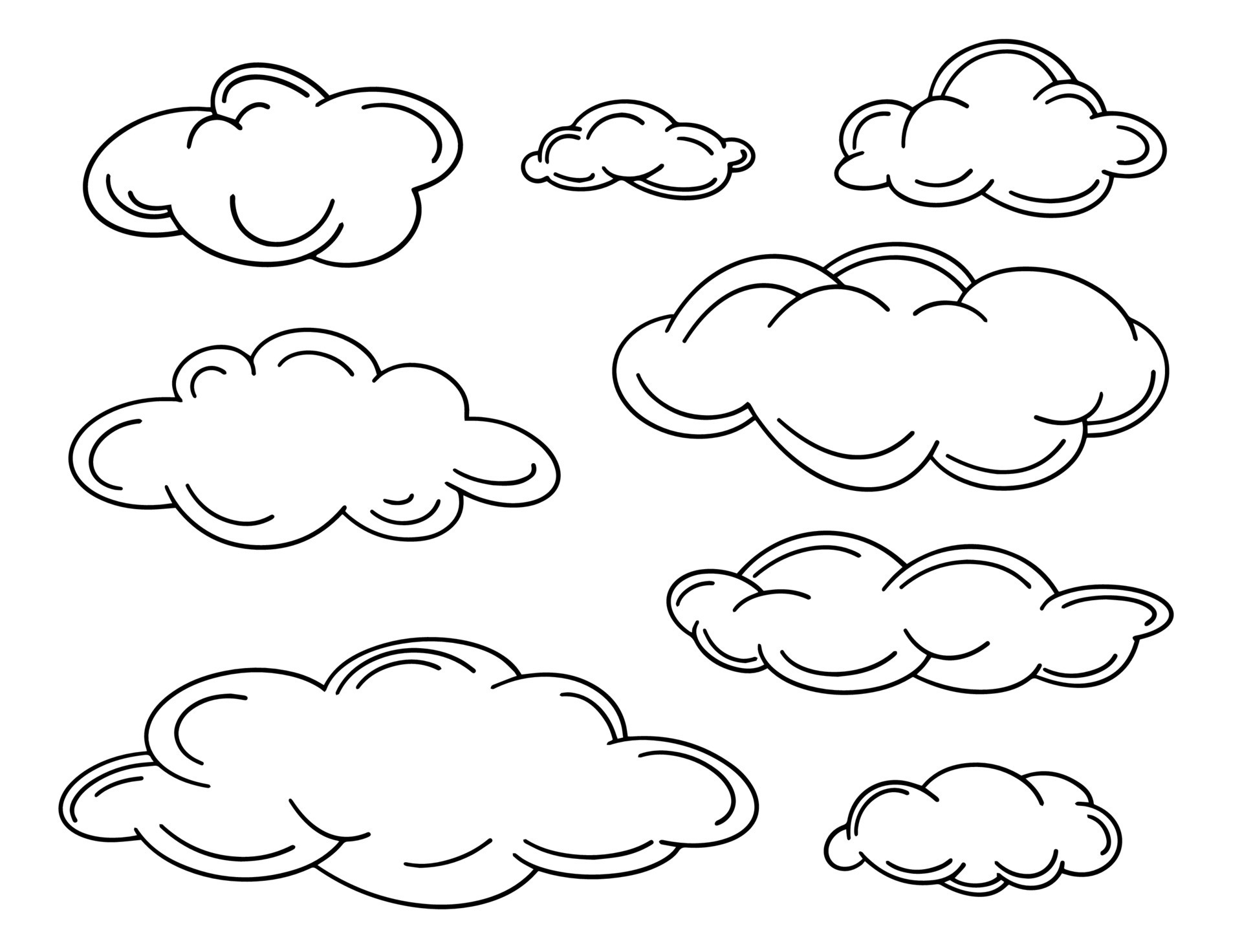 conjunto de nubes de contorno en estilo de arte lineal. ilustración
