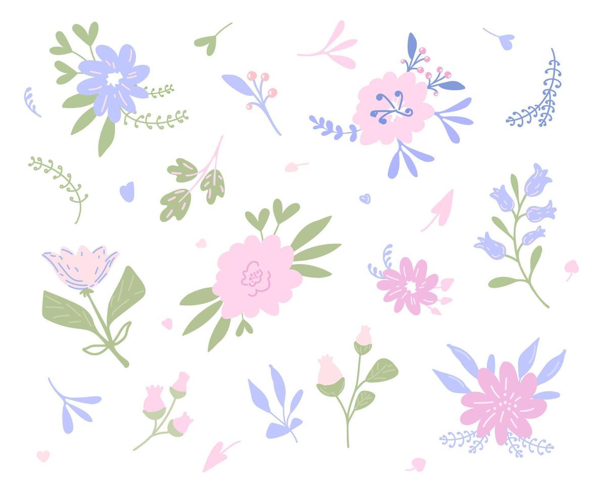 Set of flowers and plants in boho style vector