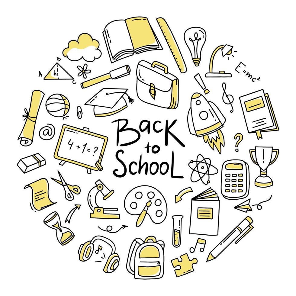 Back to school doodle set of elements. Vector illustration in line style.