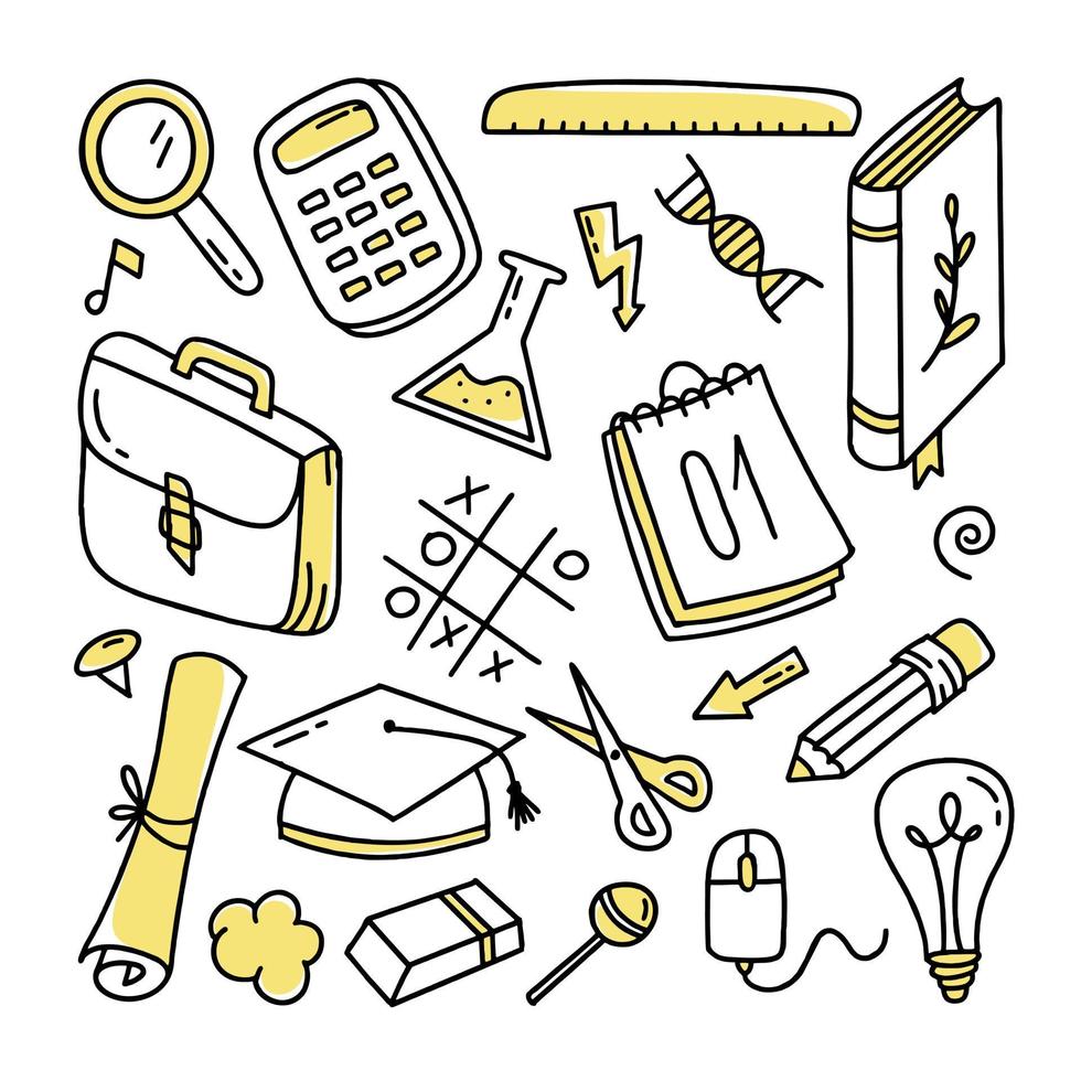 Back to school doodle set of elements. Vector illustration in line style.