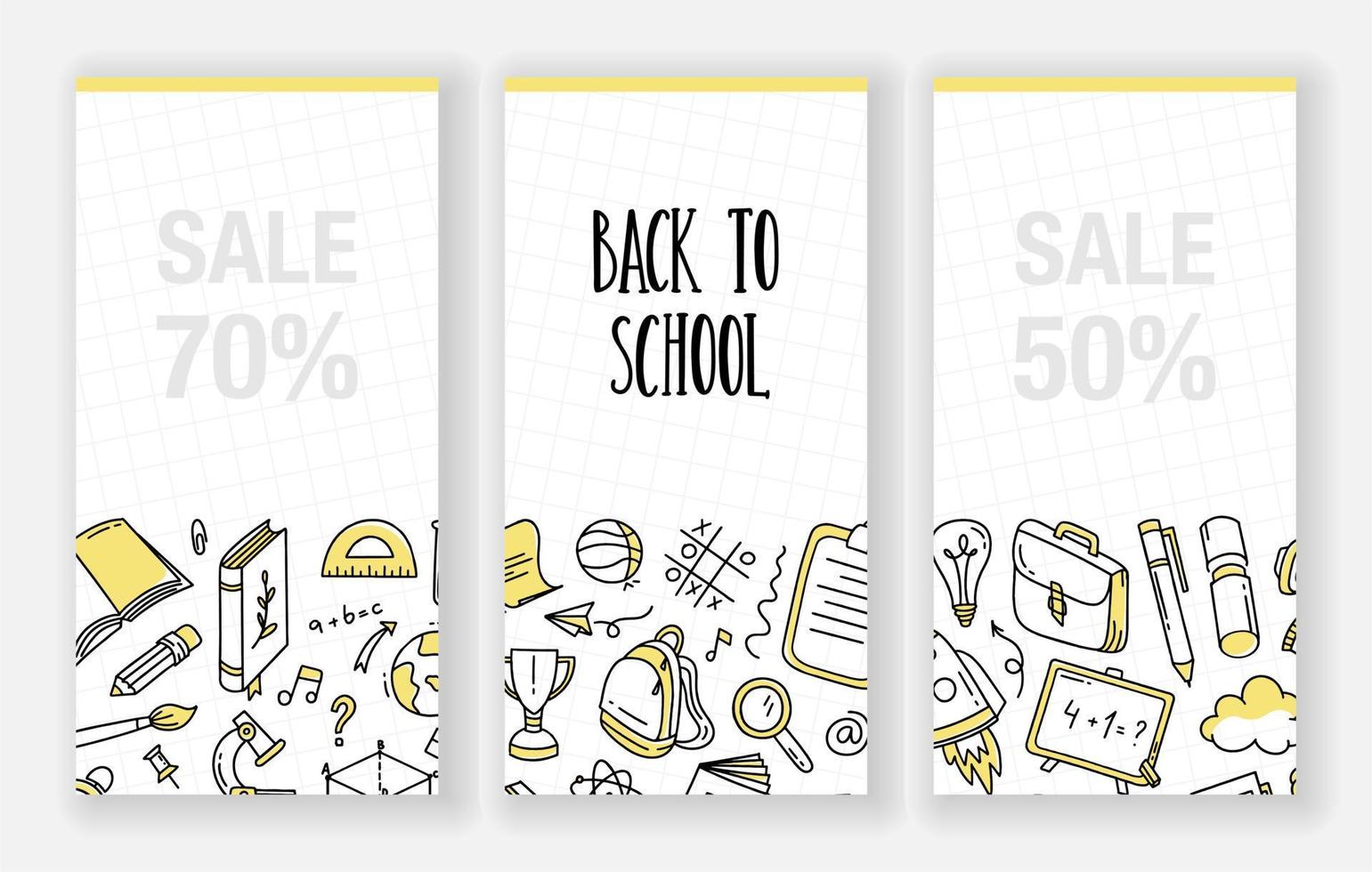 Back to school set of banner doodle elements. Posters for sale and promotions. Vector illustration in line style.