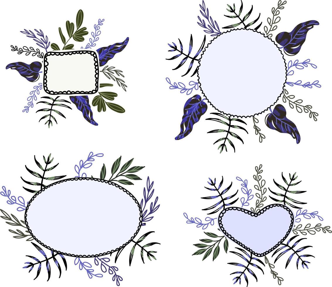 Green set flower frames doodle in retro style on white background. vector