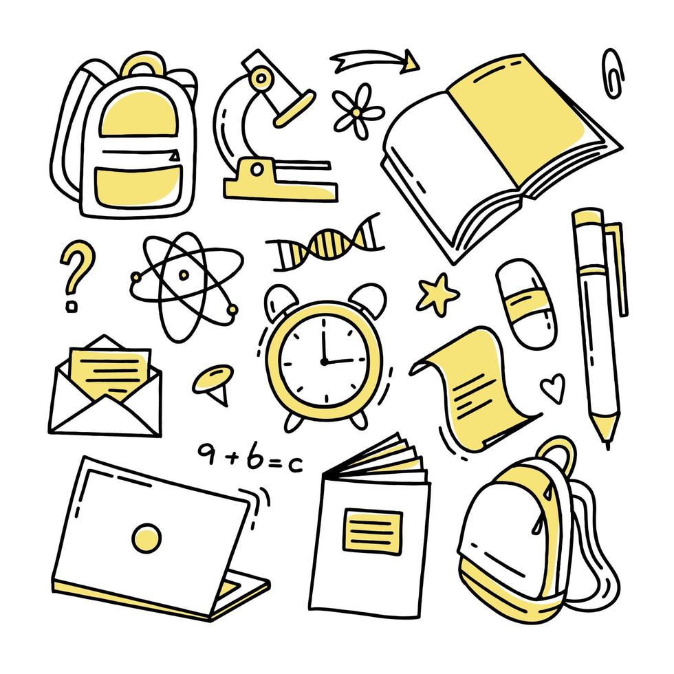 Back to school doodle set of elements. Vector illustration in line style.