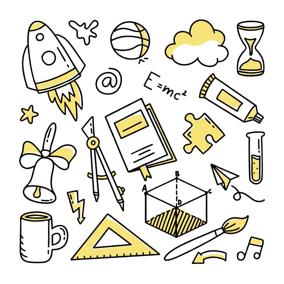 Back to school doodle set of elements. Vector illustration in line style.