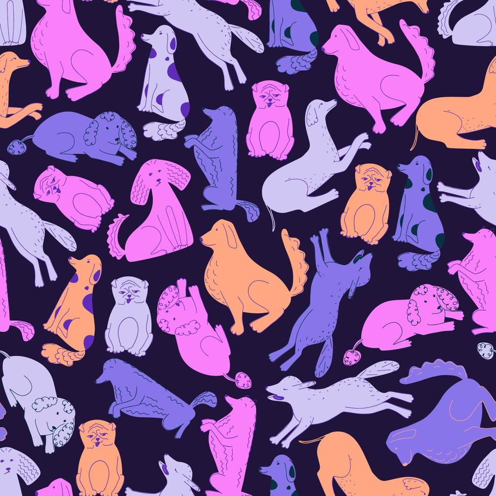 Vector seamless pattern with different dogs drawn in doodle style.