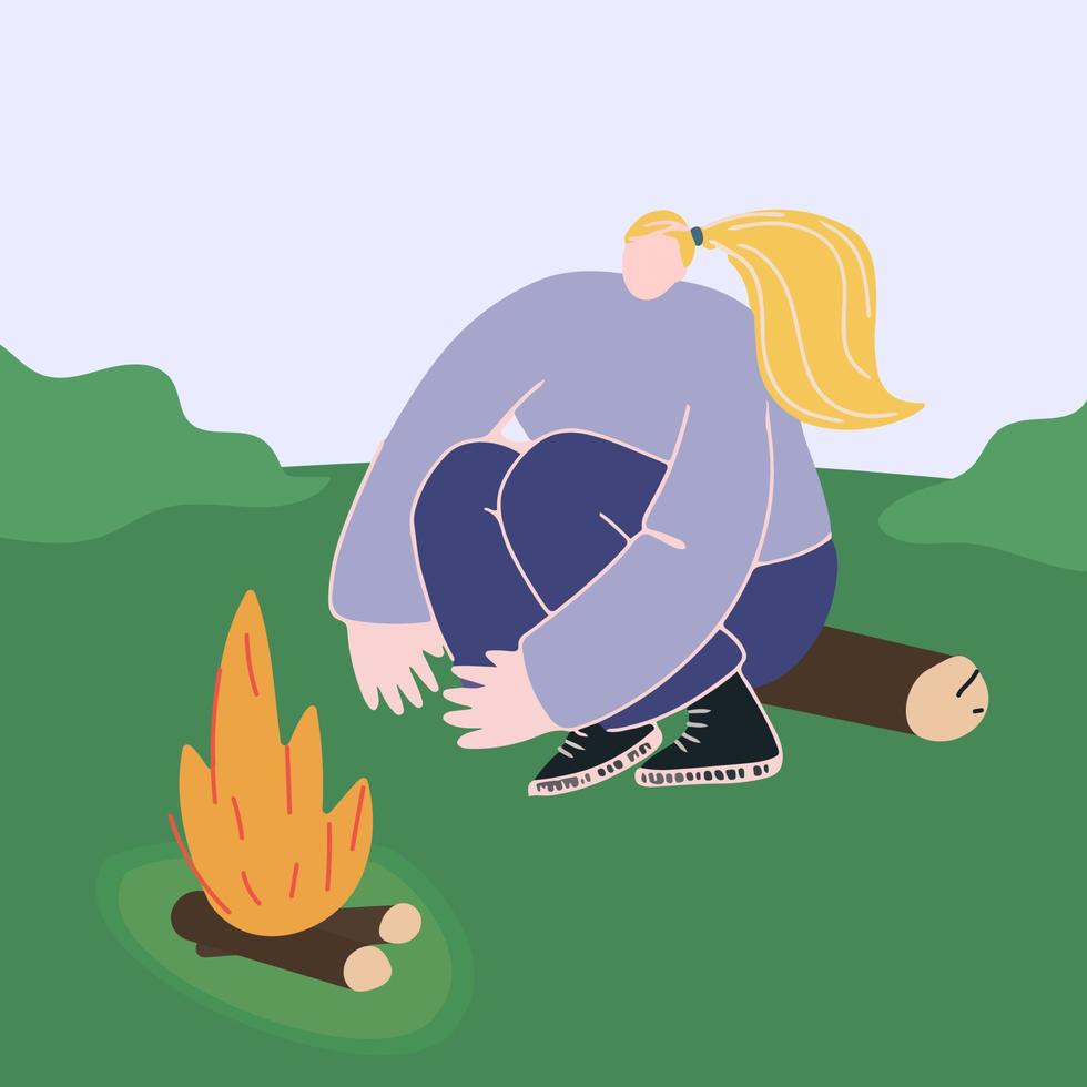 Vector simple illustration with a girl sitting by the fire in the forest. The concept of a hike in the summer in the forest.