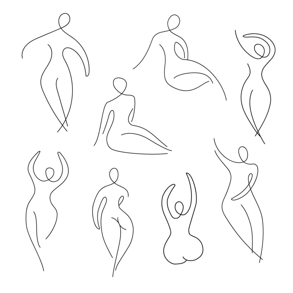 Set of vector line art aesthetic silhouettes of women.