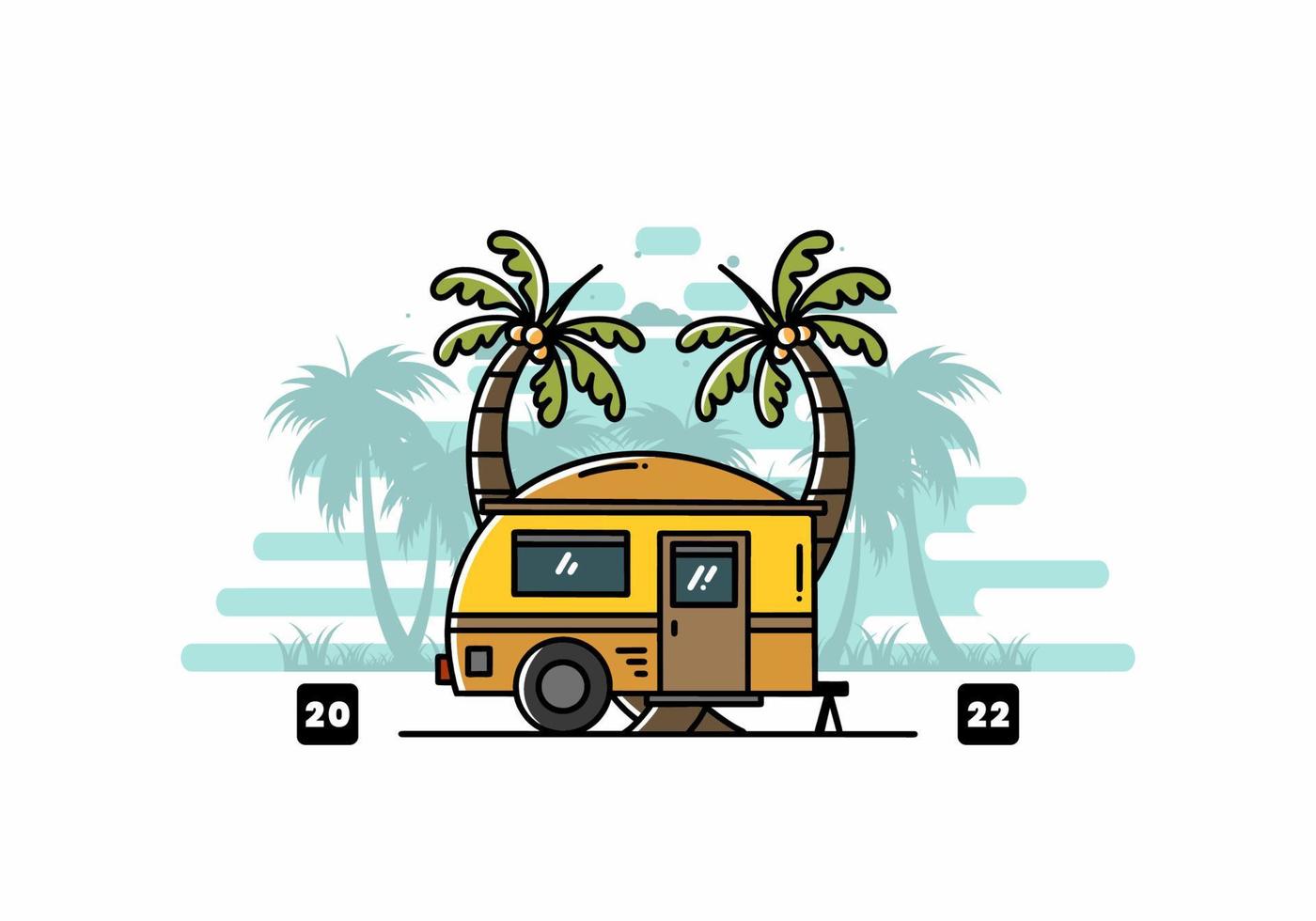 Teardrop camper and coconut tree illustration design vector