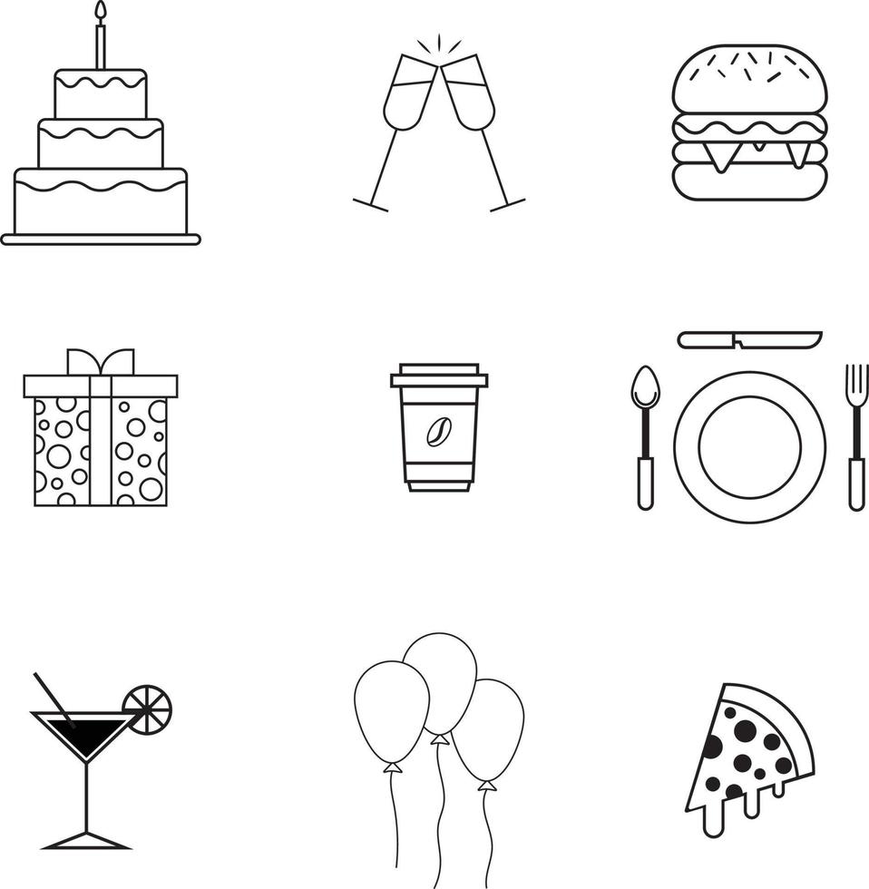 un conjunto de íconos de fiesta y celebración de cumpleaños como pastel, caja de regalo, cóctel, copa de vino, pizza, globos, hamburguesa, taza y plato de café, tenedor, cuchara y cuchillo vector