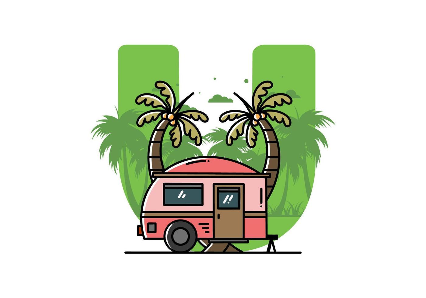 Teardrop camper and coconut tree illustration design vector