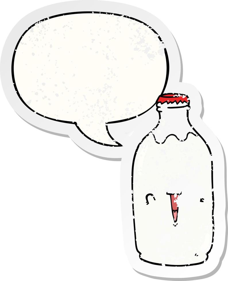 cute cartoon milk bottle and speech bubble distressed sticker vector