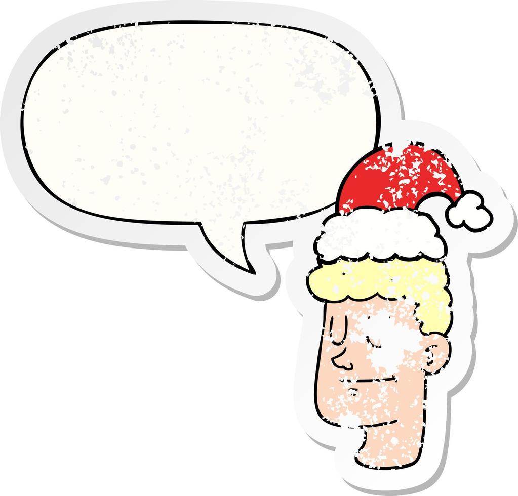 cartoon man wearing christmas hat and speech bubble distressed sticker vector