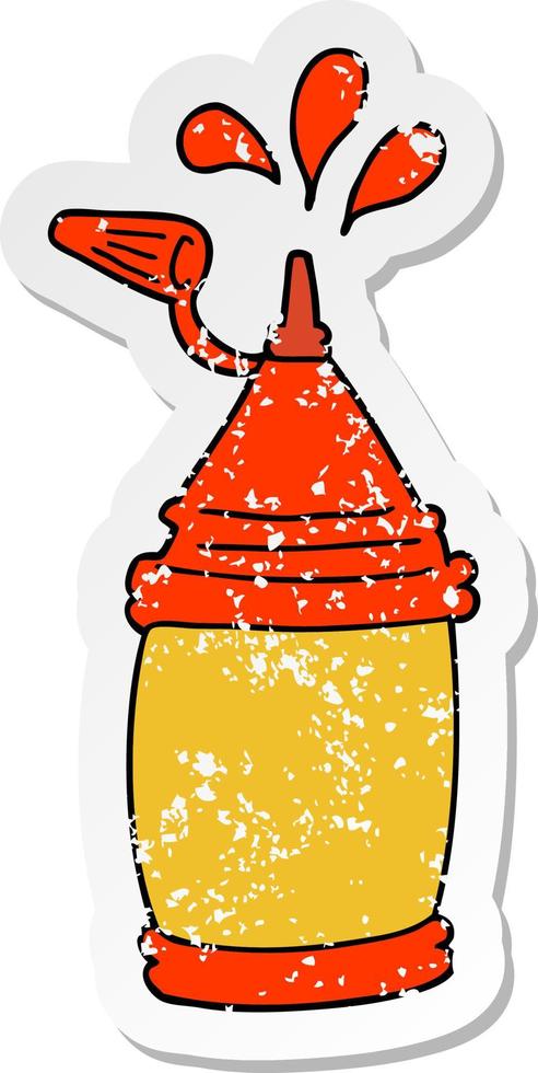 distressed sticker of a cartoon ketchup bottle vector