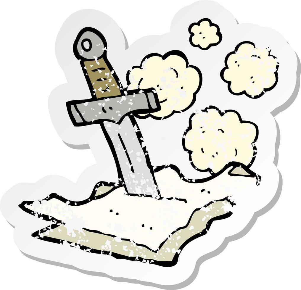 retro distressed sticker of a cartoon dagger in papers vector