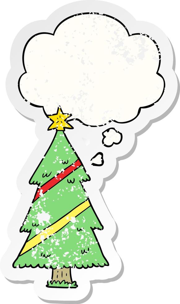 cartoon christmas tree and thought bubble as a distressed worn sticker vector