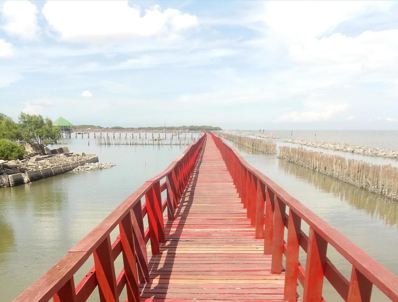 red wooden bridge in waterfront photo