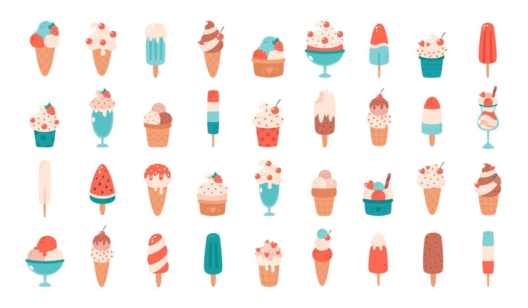 Ice cream big set. Ice cream cone with different flavors, ice lolly, ice cream in glass. Summertime, hello summer vector
