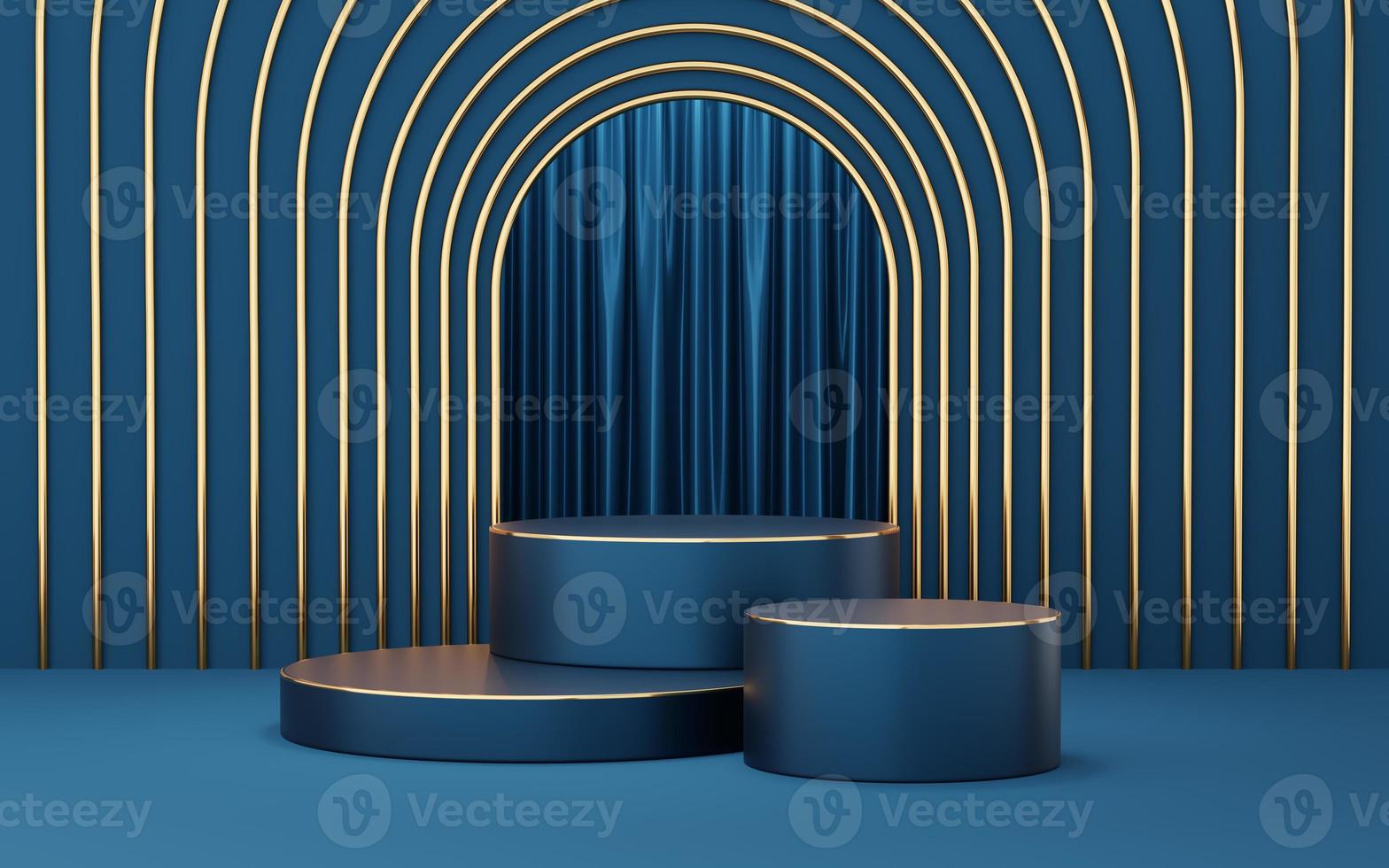 3 Empty blue cylinder podium with gold border on blue arch and curtain background. Abstract minimal studio 3d geometric shape object. Mockup space for display of product design. 3d rendering. photo