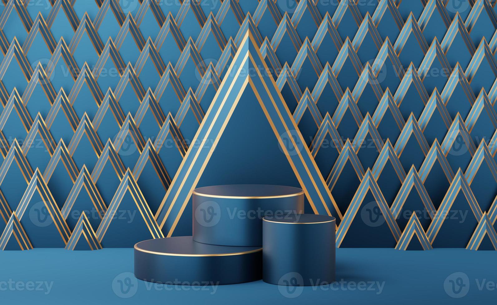 Empty blue cylinder podium with gold border on Art Deco golden triangle pattern background. Abstract minimal studio 3d geometric shape object. Mockup space for display of product design. 3d rendering. photo