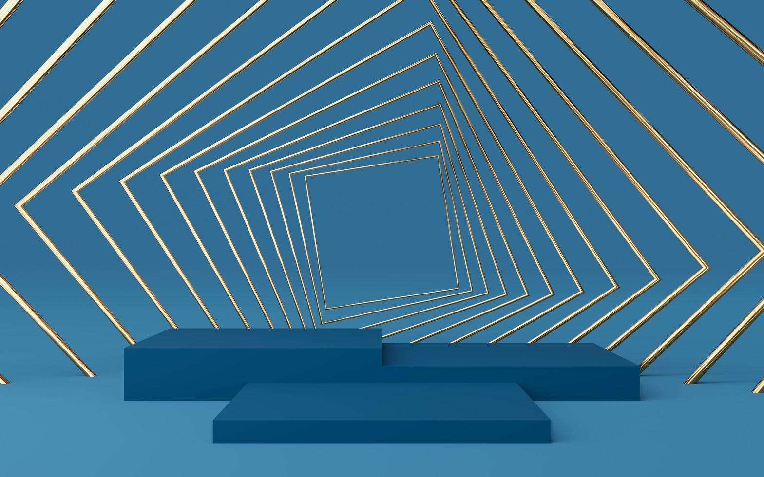 Empty dark blue cube podium with gold square on blue background. Abstract minimal studio 3d geometric shape object. Pedestal mockup space for display of product design. 3d rendering. photo