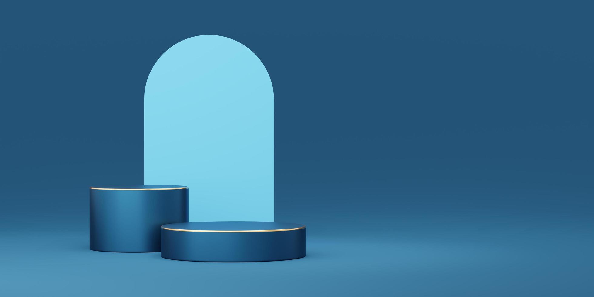 2 Empty blue cylinder podium with gold border on blue arch background. Abstract minimal studio 3d geometric shape object. Mockup space for display of product design. 3d rendering. photo