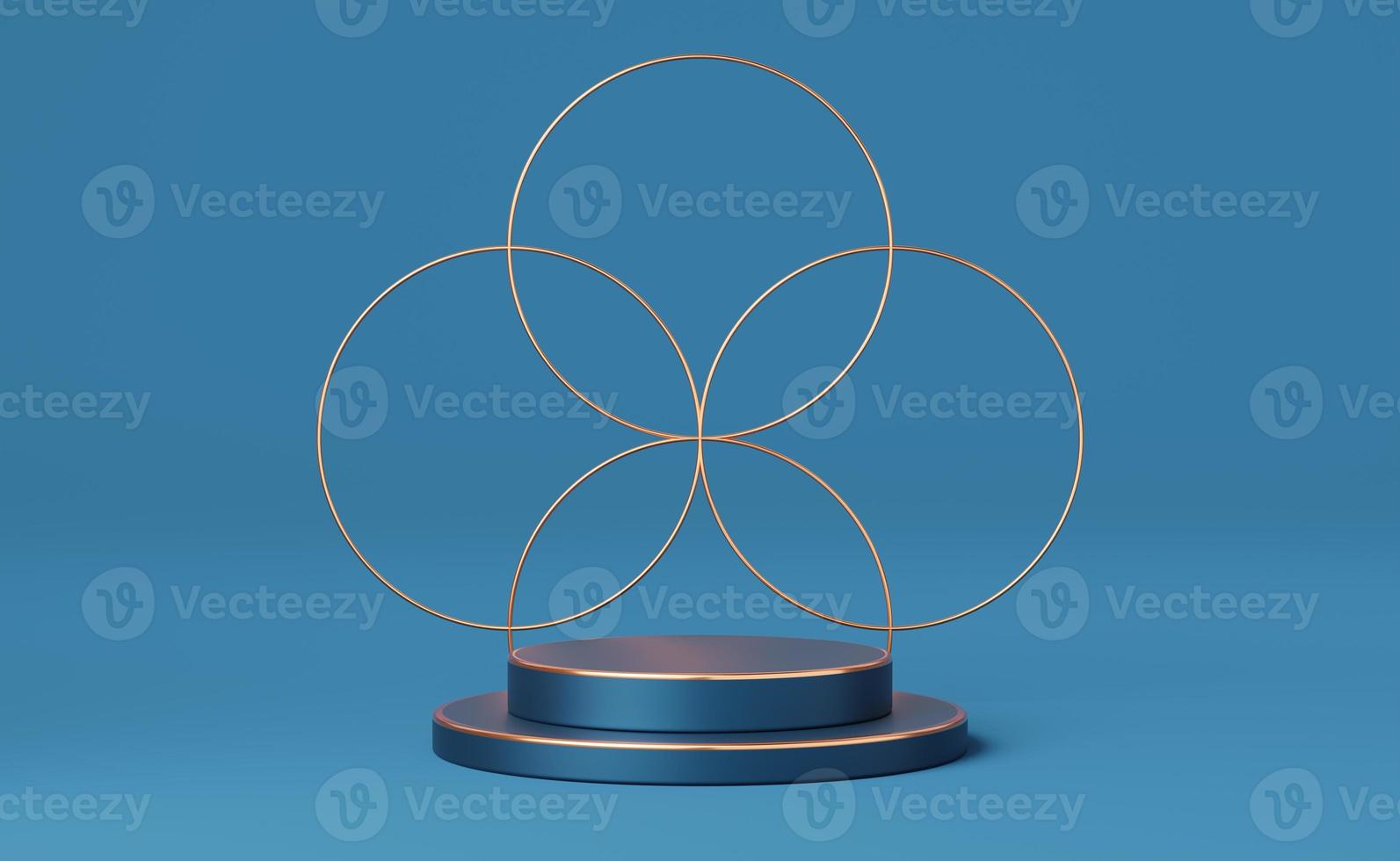 Empty cylinder podium with gold border and gold circle of flower shape on blue background. Abstract minimal studio 3d geometric shape object. Mockup space for display of product design. 3d rendering. photo