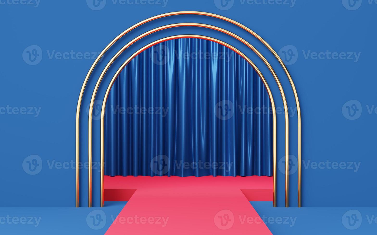 3 Empty red catwalk or podium on gold arch and blue curtain background. Abstract minimal studio 3d geometric shape object. Mockup space for display of product design. 3d rendering. photo