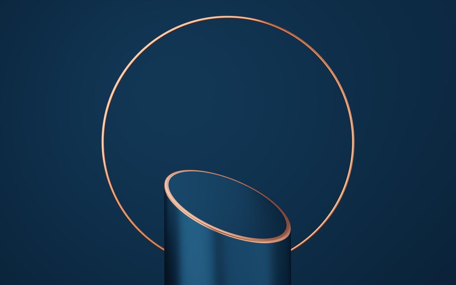 Empty blue cylinder podium with gold border and copper circle on blue background. Abstract minimal studio 3d geometric shape object. Mockup space for display of product design. 3d rendering. photo