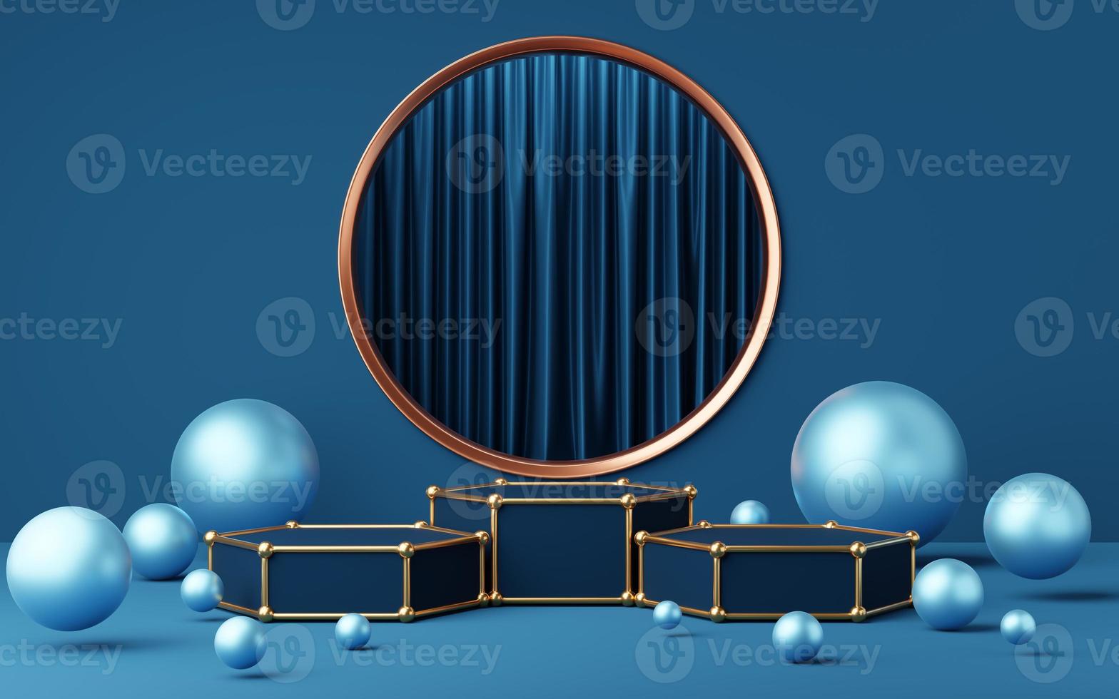 3 Empty blue hexagon podium with copper border, ball on gold circle arch, curtain background. Abstract minimal studio geometric shape. Pedestal mockup space for product design. 3d rendering. photo