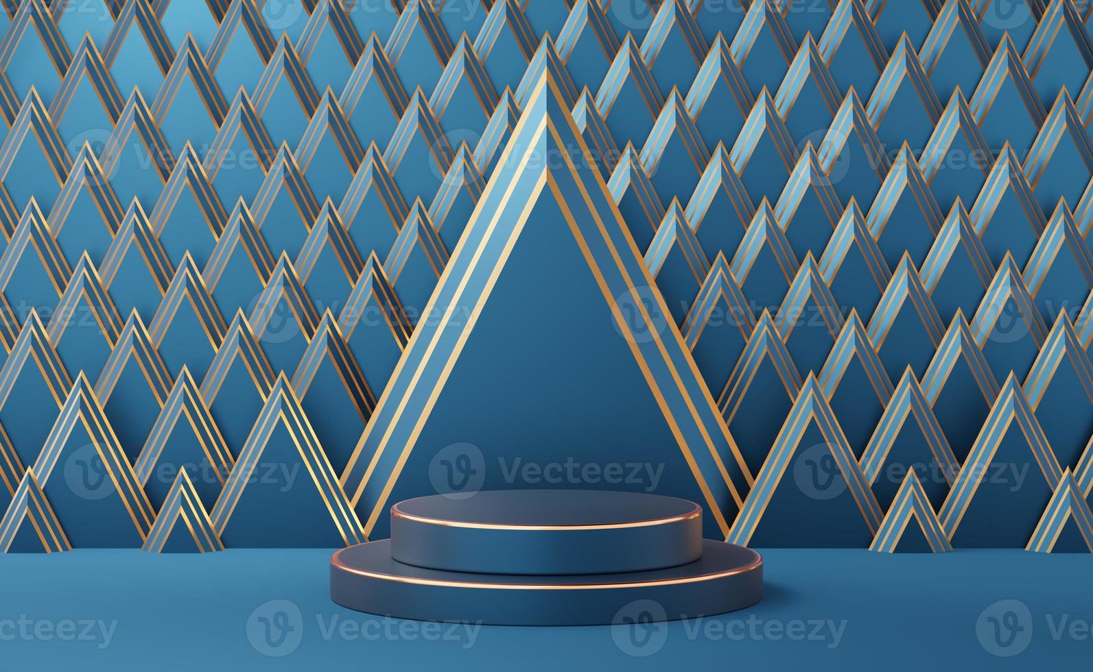 Empty blue cylinder podium with gold border on Art Deco golden triangle pattern background. Abstract minimal studio 3d geometric shape object. Mockup space for display of product design. 3d rendering. photo