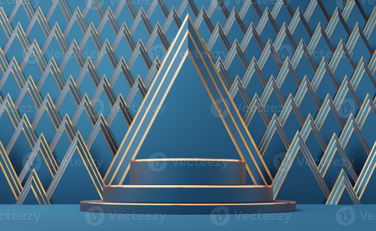 Empty blue cylinder podium with gold border on Art Deco golden triangle pattern background. Abstract minimal studio 3d geometric shape object. Mockup space for display of product design. 3d rendering. photo