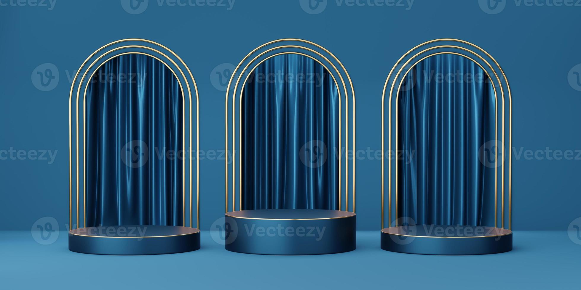 3 Empty blue cylinder podium with gold border on blue arch and curtain background. Abstract minimal studio 3d geometric shape object. Mockup space for display of product design. 3d rendering. photo